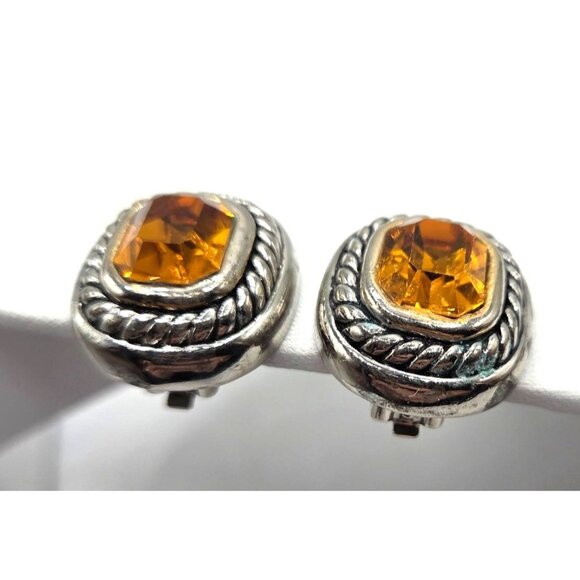 Faux Citrine and Antique Silver Tone Clip On Earrings, Rope Border - Picture 2 of 3